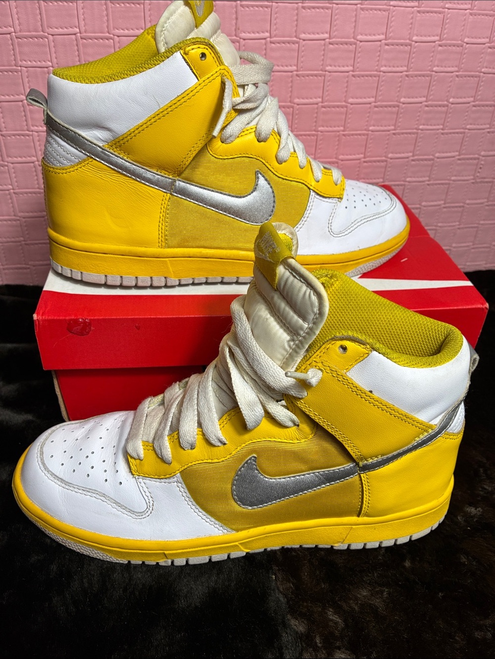 Nike Yellow & White High-Top Sneakers with Silver Swoosh